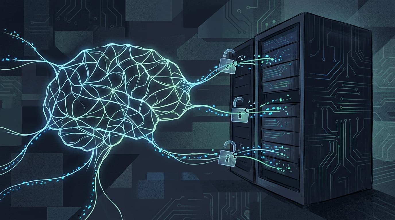 Abstract illustration of a glowing neural network reaching into a dark server rack, translucent padlock icons partially open, blue and green data streams over a navy and charcoal background, no people, no text
