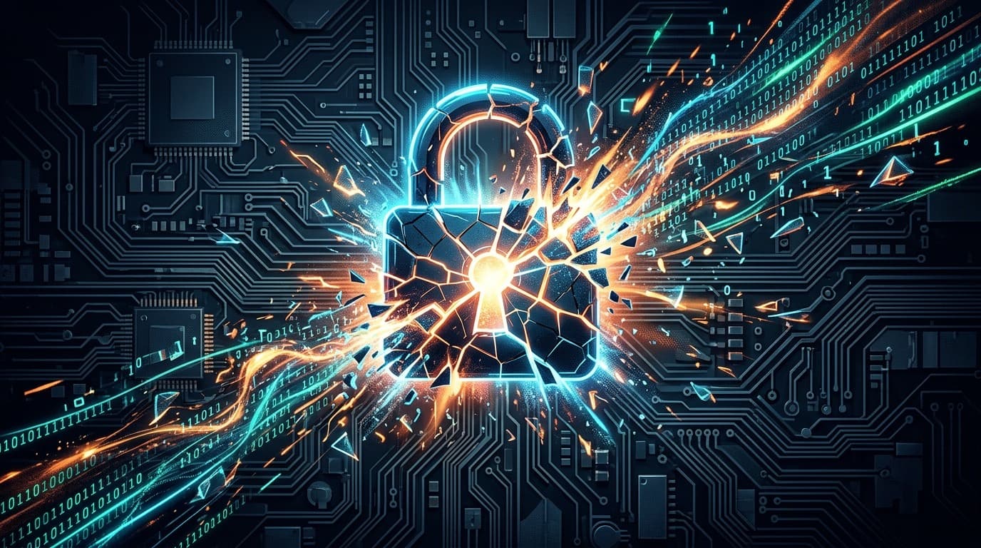 Abstract illustration of a cracked digital lock icon over layered blue and black circuit board patterns, no people, no text