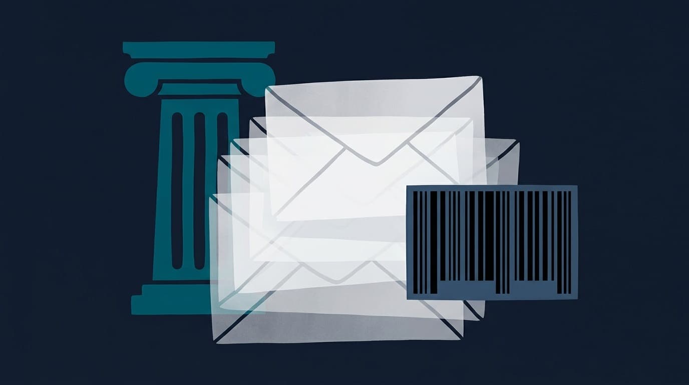 Abstract illustration of a stack of translucent mail envelopes with a barcode pattern beside a courthouse column silhouette, no people, no text