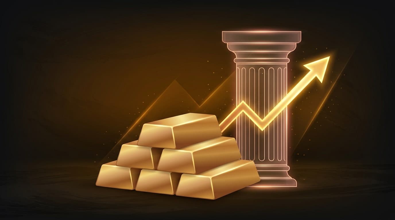 Abstract illustration of a stack of gold ingots beside a translucent government building outline with a rising arrow graph, dark background, no people, no text