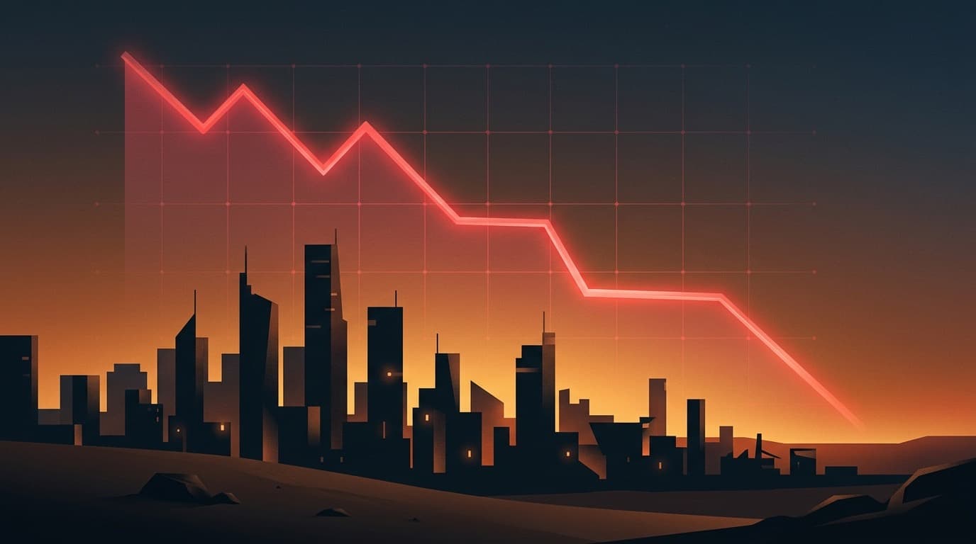 Abstract illustration of a downward stock market line chart overlaid on a stylized desert skyline silhouette at dusk, no people, no text